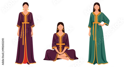 Vector set collections of Moroccan women wearing embroidered kaftan with decorative belt, showing Middle Eastern luxury, cultural tradition, and North African fashion