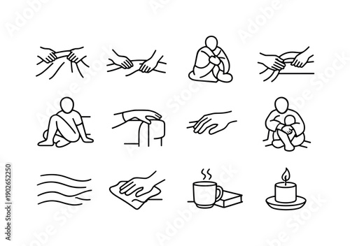 Everyday Comfort Actions. Line icon set of Everyday Comfort Actions: adjusting blanket, smoothing fabric, pulling throw closer, tucking