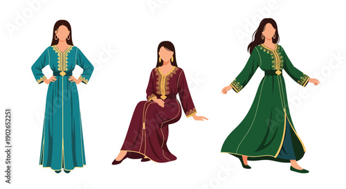 Vector set collections of Moroccan women wearing embroidered kaftan with decorative belt, showing Middle Eastern luxury, cultural tradition, and North African fashion
