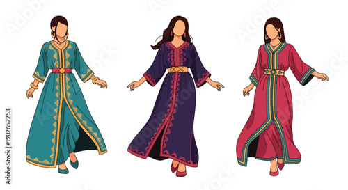 Vector set collections of Moroccan women wearing embroidered kaftan with decorative belt, showing Middle Eastern luxury, cultural tradition, and North African fashion