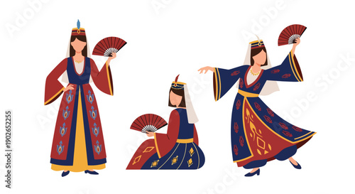 Vector set collections of Turkish women wearing Ottoman-style traditional dress with headpiece, representing historical culture, imperial fashion, and Middle Eastern heritage