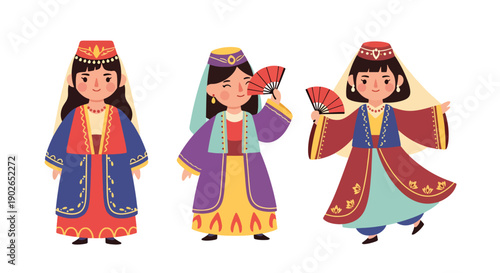 Vector set collections of Turkish women wearing Ottoman-style traditional dress with headpiece, representing historical culture, imperial fashion, and Middle Eastern heritage