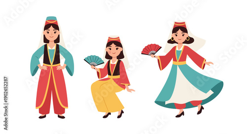 Vector set collections of Turkish women wearing Ottoman-style traditional dress with headpiece, representing historical culture, imperial fashion, and Middle Eastern heritage