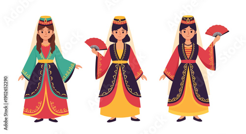 Vector set collections of Turkish women wearing Ottoman-style traditional dress with headpiece, representing historical culture, imperial fashion, and Middle Eastern heritage