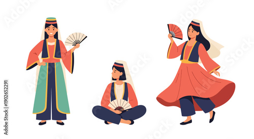 Vector set collections of Turkish women wearing Ottoman-style traditional dress with headpiece, representing historical culture, imperial fashion, and Middle Eastern heritage