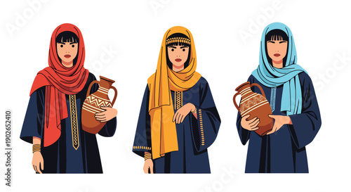 Vector set collections of Egyptian women wearing traditional galabeya with headscarf, highlighting ancient culture, desert heritage, and Middle Eastern fashion