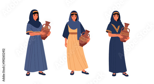 Vector set collections of Egyptian women wearing traditional galabeya with headscarf, highlighting ancient culture, desert heritage, and Middle Eastern fashion