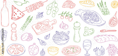 Colorful sketch of food and drink items including fruits vegetables meat and wine on transparent background