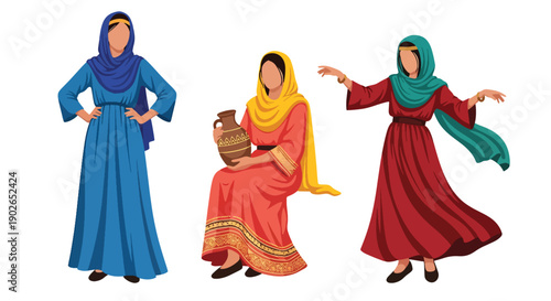 Vector set collections of Egyptian women wearing traditional galabeya with headscarf, highlighting ancient culture, desert heritage, and Middle Eastern fashion