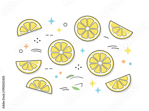 Lemon slices flat lay. Lemon slices combined with small abstract decorative elements, viewed from above in an airy layout. The mood is
