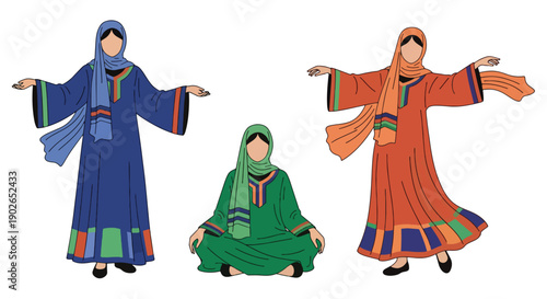 Vector set collections of Egyptian women wearing traditional galabeya with headscarf, highlighting ancient culture, desert heritage, and Middle Eastern fashion
