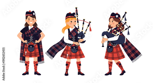 Vector set collections of Scottish women wearing tartan kilt dress and shawl, presenting Celtic heritage, national tradition, and European cultural fashion in modern flat vector style