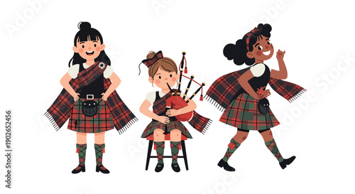 Vector set collections of Scottish women wearing tartan kilt dress and shawl, presenting Celtic heritage, national tradition, and European cultural fashion in modern flat vector style