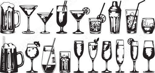 Hand drawn illustration of assorted alcoholic and non alcoholic beverages in glasses and shakers isolated on transparent background