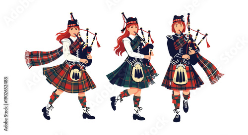 Vector set collections of Scottish women wearing tartan kilt dress and shawl, presenting Celtic heritage, national tradition, and European cultural fashion in modern flat vector style