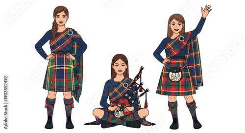 Vector set collections of Scottish women wearing tartan kilt dress and shawl, presenting Celtic heritage, national tradition, and European cultural fashion in modern flat vector style