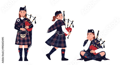 Vector set collections of Scottish women wearing tartan kilt dress and shawl, presenting Celtic heritage, national tradition, and European cultural fashion in modern flat vector style