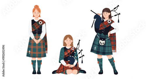 Vector set collections of Scottish women wearing tartan kilt dress and shawl, presenting Celtic heritage, national tradition, and European cultural fashion in modern flat vector style