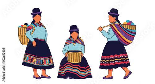 Vector set collections of Peruvian women wearing pollera skirt and bowler hat, showing Andean heritage, indigenous culture, and South American traditional fashion