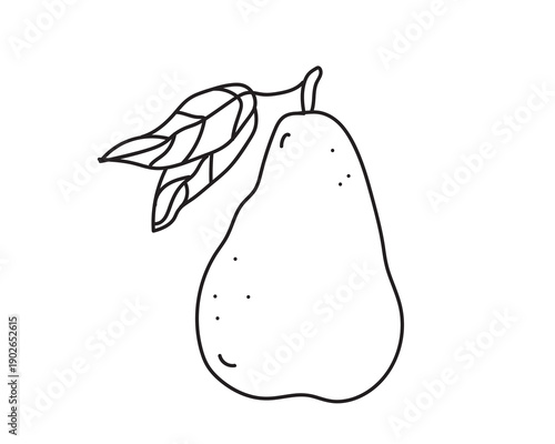 Simple Outline Illustration of a Pear with Leaves and Stem on White Background
