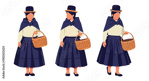 Vector set collections of Peruvian women wearing pollera skirt and bowler hat, showing Andean heritage, indigenous culture, and South American traditional fashion