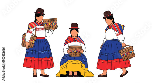 Vector set collections of Peruvian women wearing pollera skirt and bowler hat, showing Andean heritage, indigenous culture, and South American traditional fashion