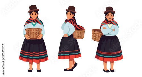Vector set collections of Peruvian women wearing pollera skirt and bowler hat, showing Andean heritage, indigenous culture, and South American traditional fashion