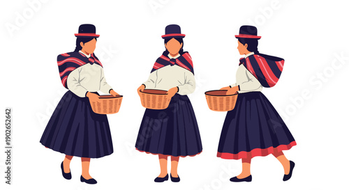 Vector set collections of Peruvian women wearing pollera skirt and bowler hat, showing Andean heritage, indigenous culture, and South American traditional fashion