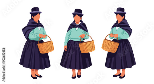 Vector set collections of Peruvian women wearing pollera skirt and bowler hat, showing Andean heritage, indigenous culture, and South American traditional fashion