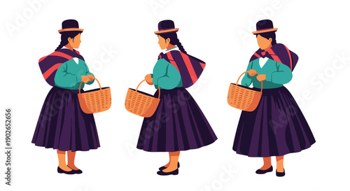 Vector set collections of Peruvian women wearing pollera skirt and bowler hat, showing Andean heritage, indigenous culture, and South American traditional fashion