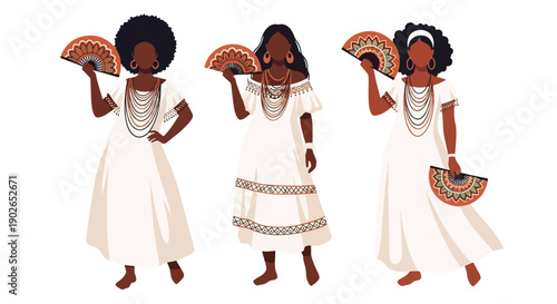 Vector set collections of Brazilian women wearing Bahian white dress with beads, presenting Afro-Brazilian heritage, spiritual culture, and festive tradition