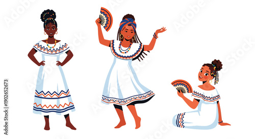 Vector set collections of Brazilian women wearing Bahian white dress with beads, presenting Afro-Brazilian heritage, spiritual culture, and festive tradition