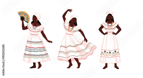 Vector set collections of Brazilian women wearing Bahian white dress with beads, presenting Afro-Brazilian heritage, spiritual culture, and festive tradition