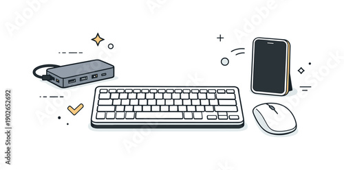 Minimal Desk Setup. Minimal desk tech accessories. Neatly arranged set of digital tools like keyboard, mouse, docking hub, and phone, emphasizing workflow and