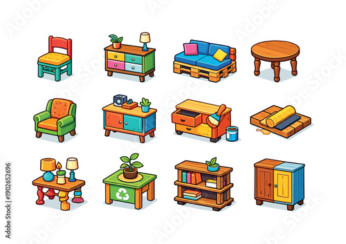 Upcycling furniture. Colorful isometric vector icons set of Upcycling furniture: refurbished chair, painted dresser, pallet sofa, restored