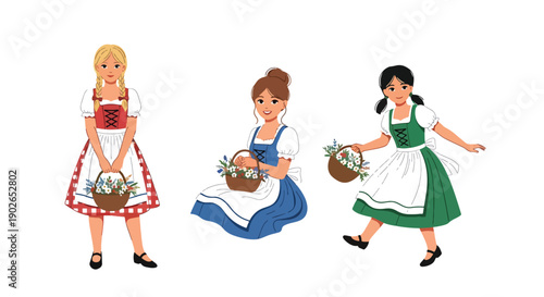 Vector set collections of German women wearing dirndl dress with apron and flower basket, showing Alpine heritage, folk tradition, and European cultural fashion