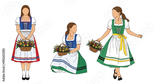 Vector set collections of German women wearing dirndl dress with apron and flower basket, showing Alpine heritage, folk tradition, and European cultural fashion