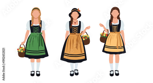 Vector set collections of German women wearing dirndl dress with apron and flower basket, showing Alpine heritage, folk tradition, and European cultural fashion