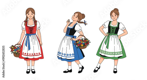 Vector set collections of German women wearing dirndl dress with apron and flower basket, showing Alpine heritage, folk tradition, and European cultural fashion