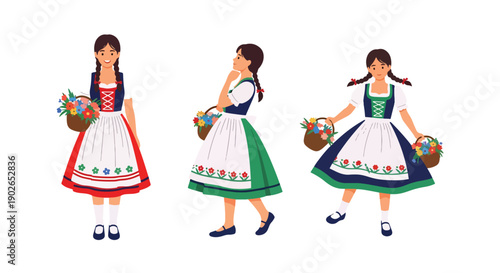 Vector set collections of German women wearing dirndl dress with apron and flower basket, showing Alpine heritage, folk tradition, and European cultural fashion