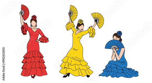 Vector set collections of Spanish women wearing flamenco dress with hair flower and fan, presenting Andalusian culture, dance heritage, and romantic national fashion