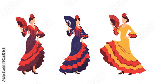Vector set collections of Spanish women wearing flamenco dress with hair flower and fan, presenting Andalusian culture, dance heritage, and romantic national fashion