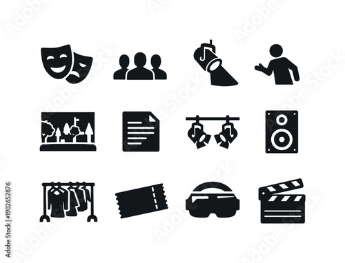 Immersive Theater Icons. Immersive Theater Experiences. Solid icon set of Immersive Theater Experiences: stage mask, audience silhouette, spotlight beam,