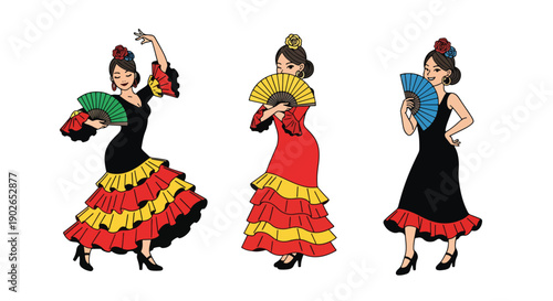 Vector set collections of Spanish women wearing flamenco dress with hair flower and fan, presenting Andalusian culture, dance heritage, and romantic national fashion