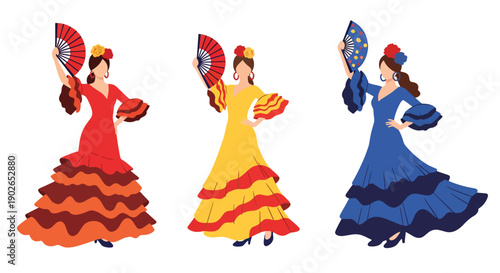 Vector set collections of Spanish women wearing flamenco dress with hair flower and fan, presenting Andalusian culture, dance heritage, and romantic national fashion