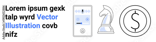 Communication, strategy, finance, technology, digital media, creativity. Arrangement of text, a microphone icon a chess knight and a dollar symbol. Communication and strategy concept