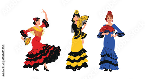 Vector set collections of Spanish women wearing flamenco dress with hair flower and fan, presenting Andalusian culture, dance heritage, and romantic national fashion
