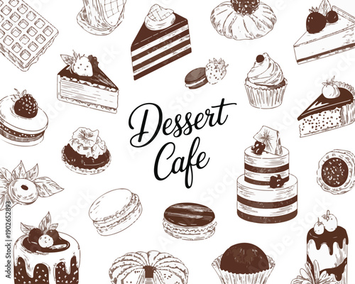 Dessert cafe illustration hand drawn sketch with cakes pastries macarons and waffles isolated on white background, food.