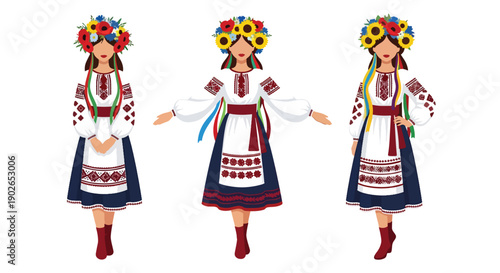 Vector set collections of Ukrainian women wearing vyshyvanka dress and flower crown, representing Slavic identity, agricultural tradition, and cultural heritage