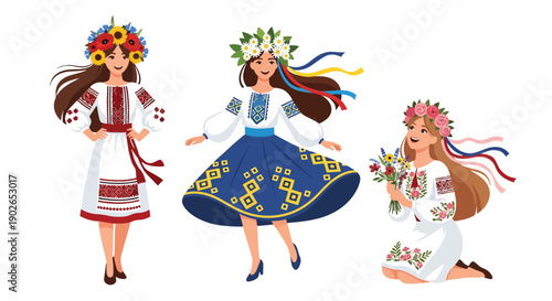 Vector set collections of Ukrainian women wearing vyshyvanka dress and flower crown, representing Slavic identity, agricultural tradition, and cultural heritage